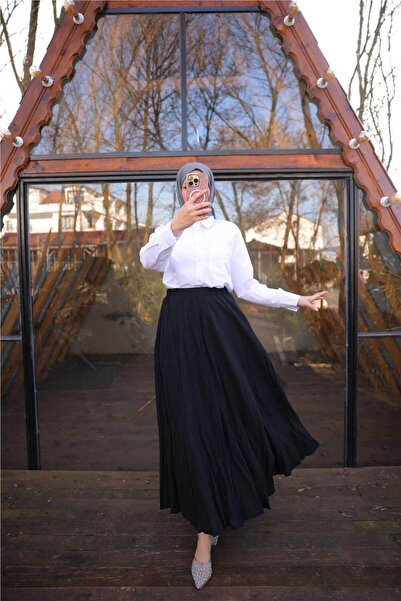 Bwest Elastic Waist Crinkle Detailed Long Skirt - (38-46) - 71258 - Black