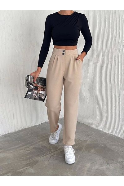 BYKUZEYARAS Ornament Buttoned Knitted Crepe Seasonary Pleated Carrown Pants