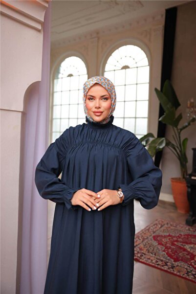 Bwest Μακρύ φόρεμα Fisherman με ψηλό γιακά, ελαστικά μανίκια, φαρδιά εφαρμογή και κορδόνι στο κάτω μέρος - (38-46) - 71270 - Navy Blue