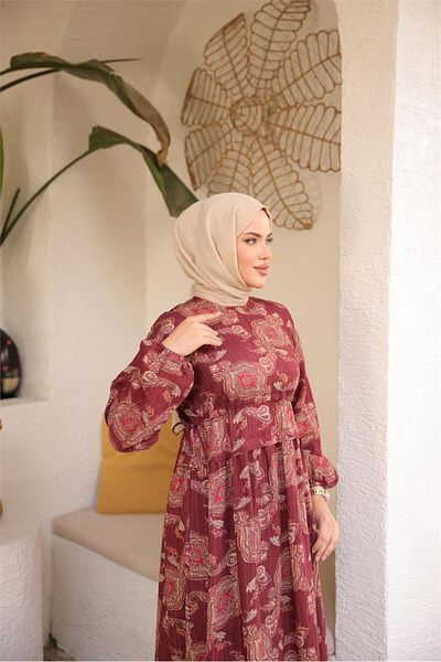 Bwest O Neck Waist Lace-Up Long Patterned Loose Comfortable Dress - (38-46) - 71287 - Burgundy