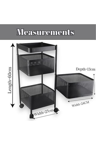 LIVVY 3-tier kitchen trolley with wheels – steel rotating rack for fruits, veggies & home storage.