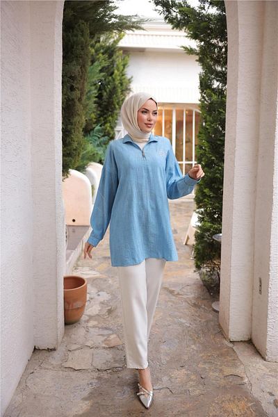 Bwest Half Zip Collar Logo Printed Tunic - (38-46) - 71245 - Turquoise