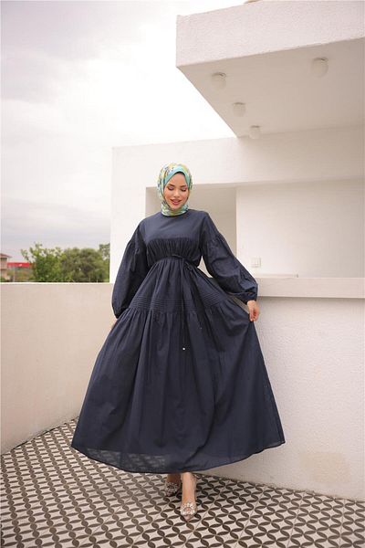 Bwest Wide Long Sleeve Gathered Long Dress with Waist Tie - (38-46) - 71289 - Navy Blue