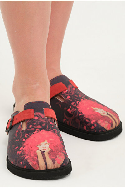 Lemoors Justine Natural Cork Sole Inner Genuine Leather Red Color Design Printed Sabo Slippers