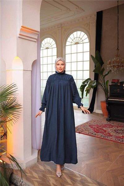 Bwest Fisherman's Stand Collar Elastic Sleeves Loose Cut Drawstring Long Dress - (38-46) - 71270 - Navy Blue