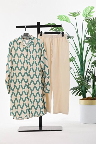 Polologin Butik Baklava Pattern Blue Beige Battal Size Viscose Tunic