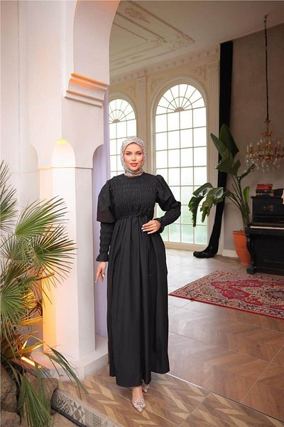Bwest O Neckline Gathered Bust Tie Waist Elasticated Sleeves Long Dress - (38-46) - 71272 - Black
