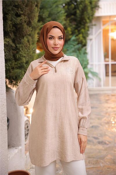 Bwest Half Zip Collar Logo Printed Tunic - (38-46) - 71245 - Beige