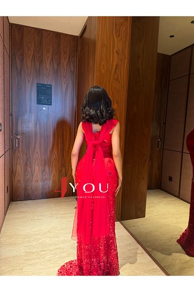 4YOU Red dress with chiffon shawl and embroidery