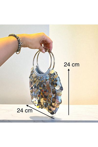 Nuggita Women's Handmade Silver Pulled Sequence Knitted Stylish Hand Bag