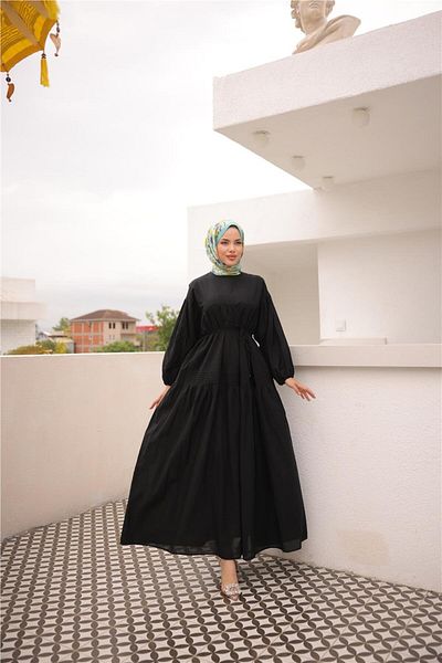 Bwest Waist Tie Wide Long Sleeve Gathered Long Dress - (38-46) - 71289 - Black