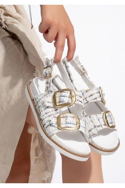 EKAY Olira White Glitter Belted Sandals