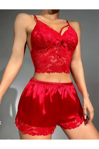 emosavm Red Lace Bustier Thin Strap Satin Shorts Suit
