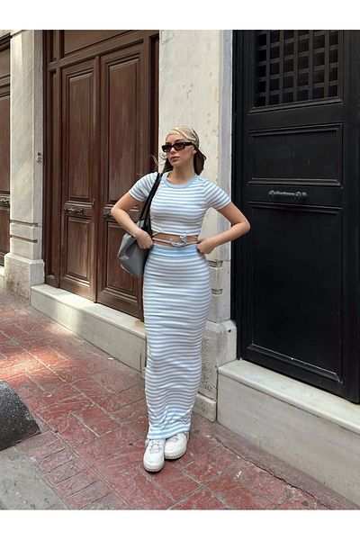 Işıltı kidss Striped Skirt Suit Blue S3609