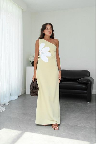 Havoş Light Yellow Side Low-Cut Floral Dress