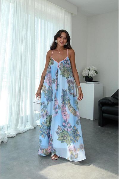 Havoş Blue Cross Strap Patterned Chiffon Dress