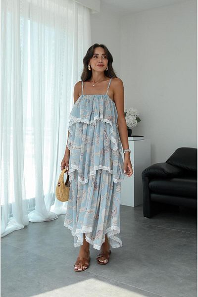 Havoş Blue Layered Patterned Chiffon Dress
