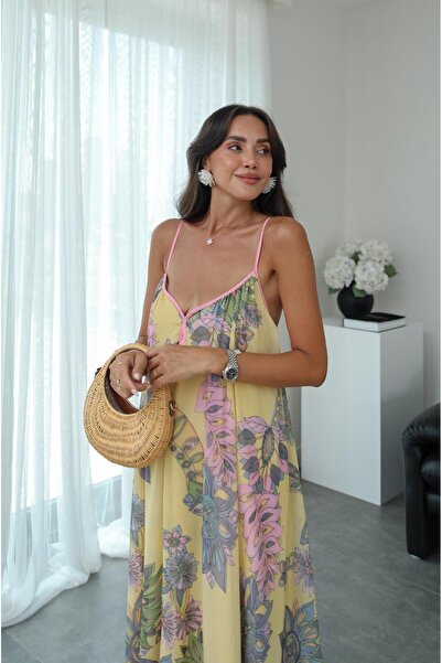 Havoş Yellow Cross Strap Patterned Chiffon Dress