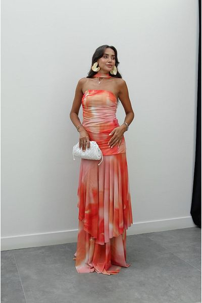 Havoş Orange Strapless Layered Flowing Dress
