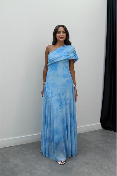 Havoş Blue Patterned One Shoulder Chiffon Dress