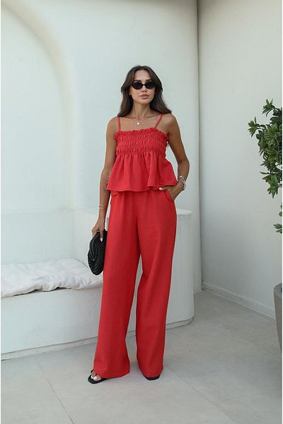 Havoş Red Gipeli Blouse Trousers Linen Suit