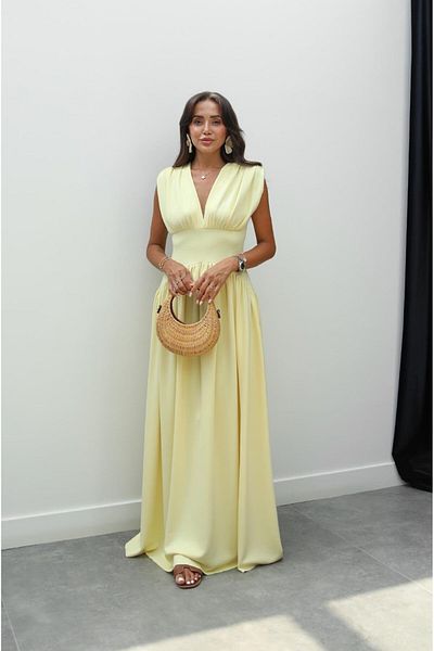 Havoş Yellow Deep V Neck Waist Dress
