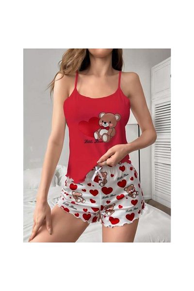 Findit Heart Teddy Bear Patterned Suspender Shorts Pajama Set