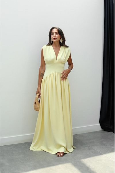 Havoş Yellow Deep V Neck Waist Dress