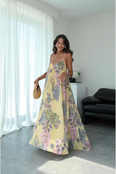 Havoş Yellow Cross Strap Patterned Chiffon Dress