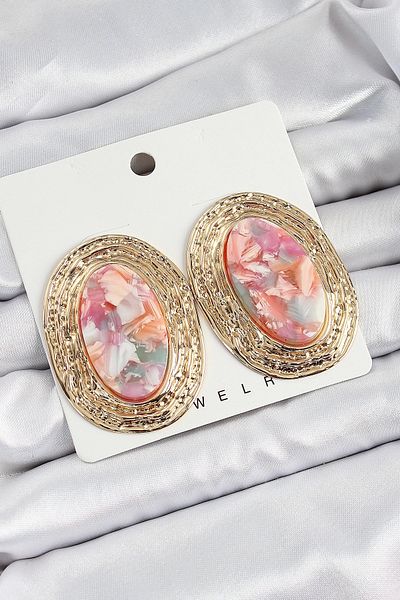 PRATİKOBA Bfs Brass Marble Patterned Pink Oval Vintage Model Gold Color Women's Earrings