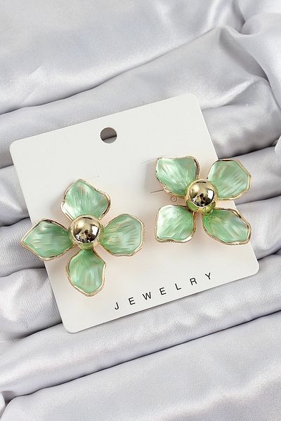 PRATİKOBA Bfs Brass Green Flower Vintage Model Gold Color Women's Earrings