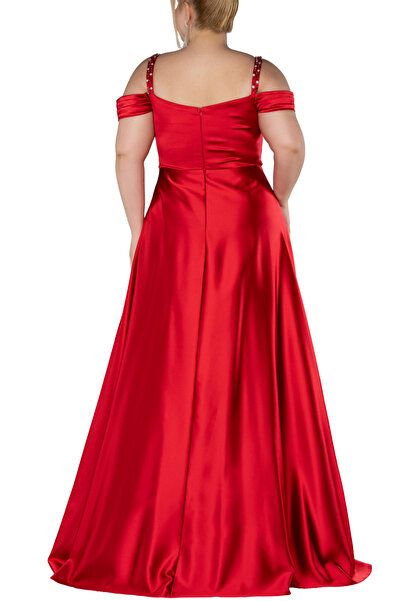 Arden Plus Size Long Evening Dress, Boat Neck Flared Junior Evening Dress with Satin Jewel Strap, Wedding, Graduation Dress,46-58