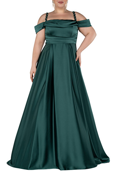 Arden Plus Size Long Evening Dress, Boat Neck Flared Junior Evening Dress with Satin Jewel Strap, Wedding, Graduation Dress,46-58