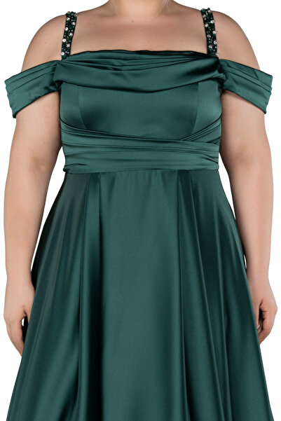 Arden Plus Size Long Evening Dress, Boat Neck Flared Junior Evening Dress with Satin Jewel Strap, Wedding, Graduation Dress,46-58