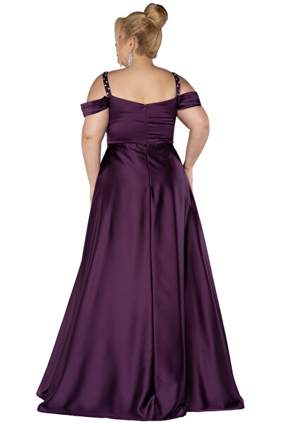 Arden Plus Size Long Evening Dress, Boat Neck Flared Junior Evening Dress with Satin Jewel Strap, Wedding, Graduation Dress,46-58