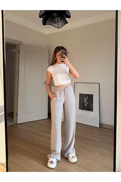 BAŞARAN Linen Elastic Palazzo Gray Pants
