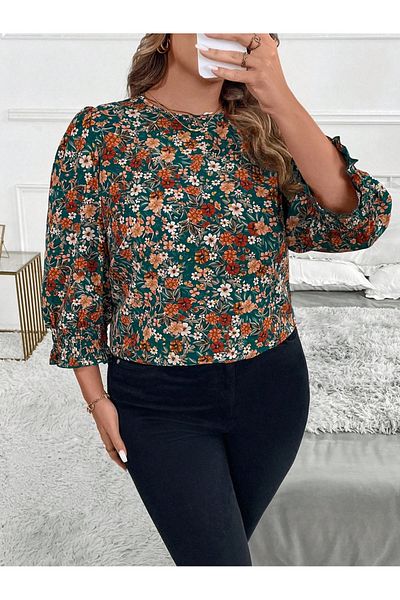 UniqueStore.ro Multi-colored floral plus size shirt with elastic cuffs - XL