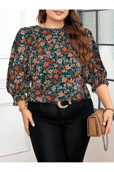 UniqueStore.ro Multi-colored floral plus size shirt with elastic cuffs - XL