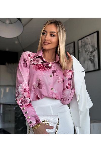 UniqueStore.ro Elegant pink shirt with floral print and gold buttons - M