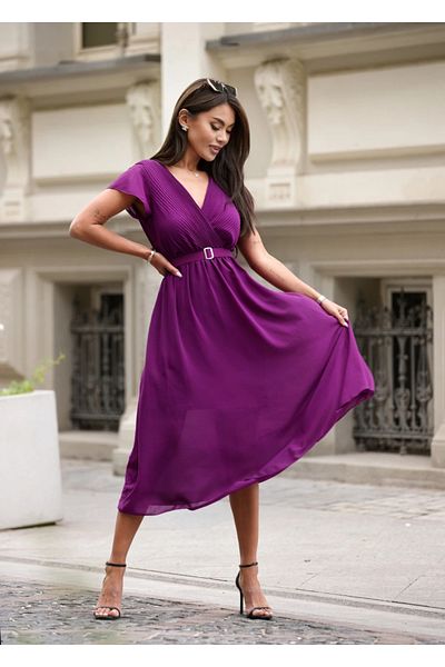 UniqueStore.ro Purple Midi Dress With Wrap Neckline And Waist Belt - One Size