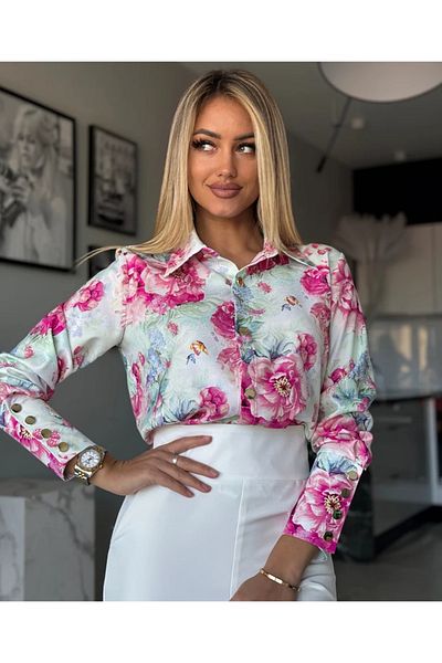 UniqueStore.ro Elegant shirt with pastel floral print in diaphanous shades of pink - XL