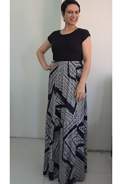 Mertcan Butik 6 Pieces of Black and White Patterned Combed Viscose Skirt with Rubber Band at the Waist