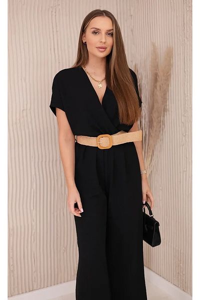 UniqueStore.ro Black Jumpsuit With Wrap Neckline And Braided Belt