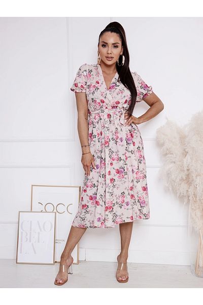 UniqueStore.ro Midi Dress With Floral Print, Wrap Neckline And Drawstring At The Waist - One Size