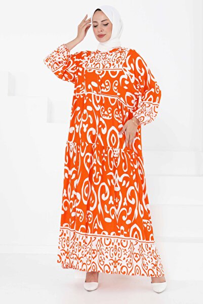 TOFİSA Desenli Düğmeli Elbise Oranj - 27428