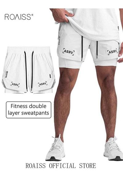 ROAISS Five-Point Sports Shorts Fake Two-Piece Quick Drying Double Layer Basketball Pants