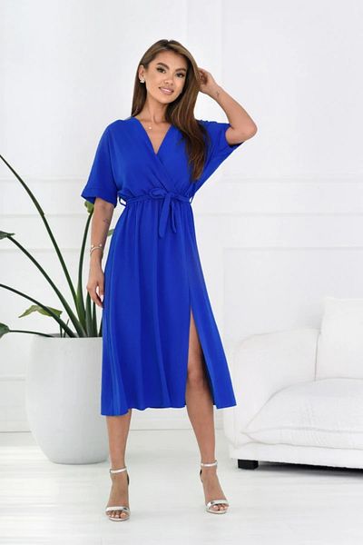 UniqueStore.ro Blue Midi Dress With Wrap Neckline And Side Slit - One Size