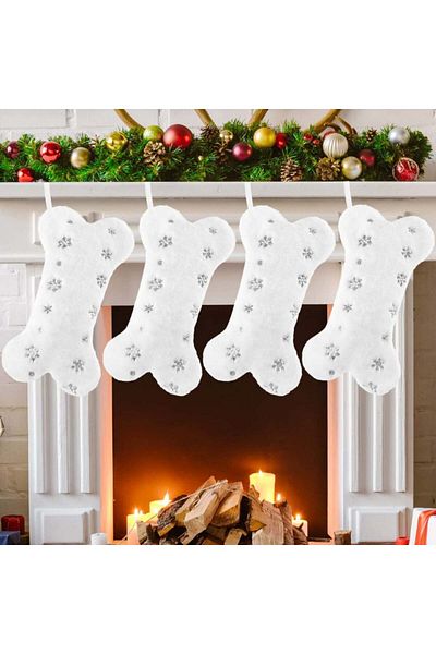Cootato Set of 4 Christmas stockings, bone pattern, white/silver, plush, 45 x 25.4 cm