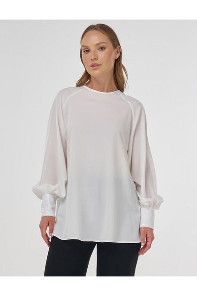 Kayra Sequin Garnished Stylish Blouse Ecru
