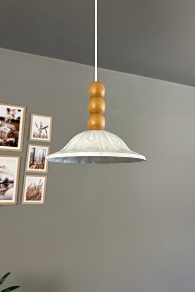 Bamyum Ralivo Beyaz Metal Avize Tekli Ahşap Üç Boncuk Başlık Mutfak Modern Dekoratif Sarkıt Aydınlatma